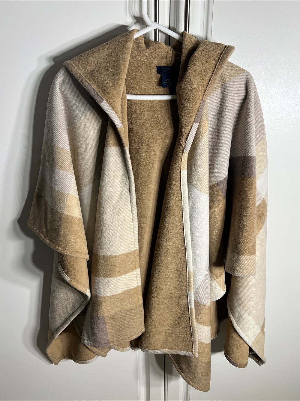 RACHEL Rachel Roy Hooded Plaid Wrap Cape in Beige and Cream